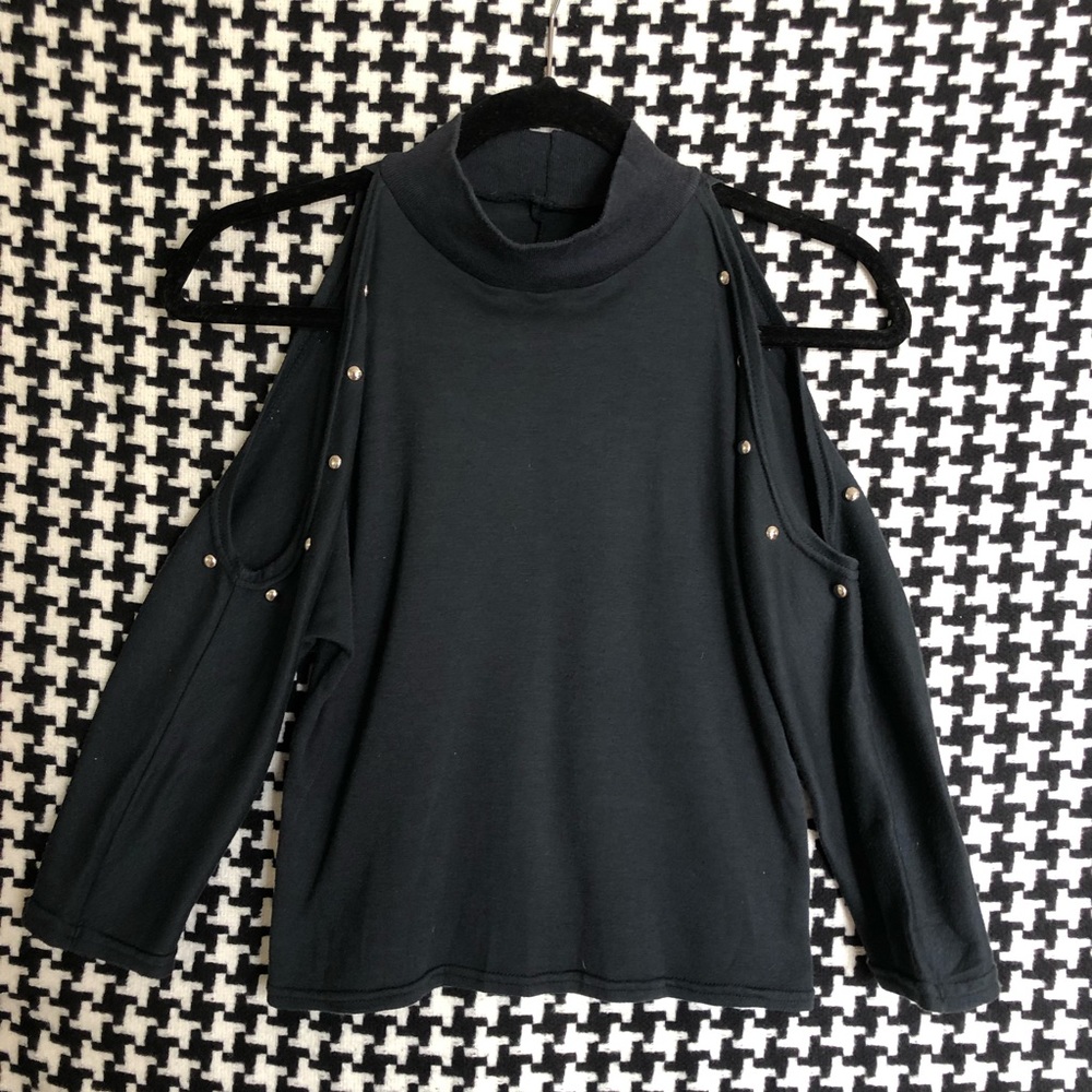 Vintage Fredericks of Hollywood cutout shoulder black studded shirt. Small